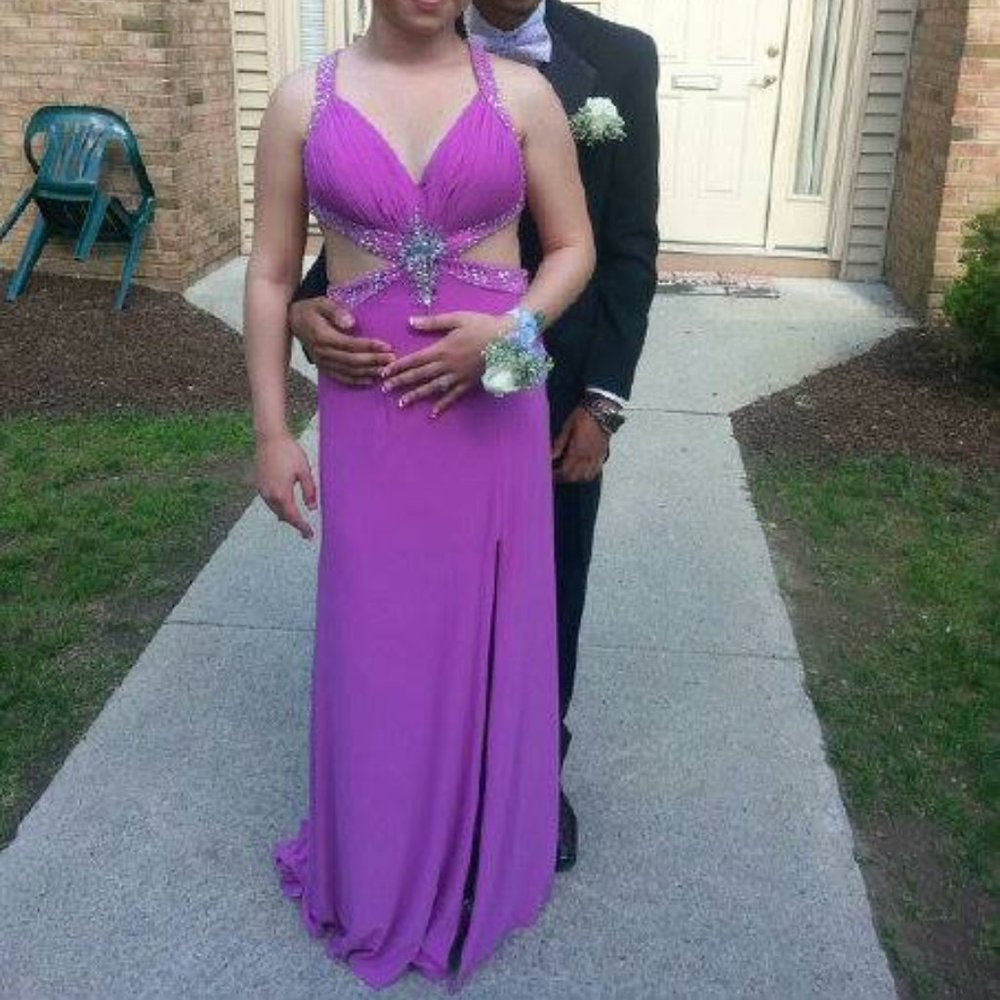 Cachet Purple Gown Rhinestone Jewels Low Back Cut Out Split Front Train Dress